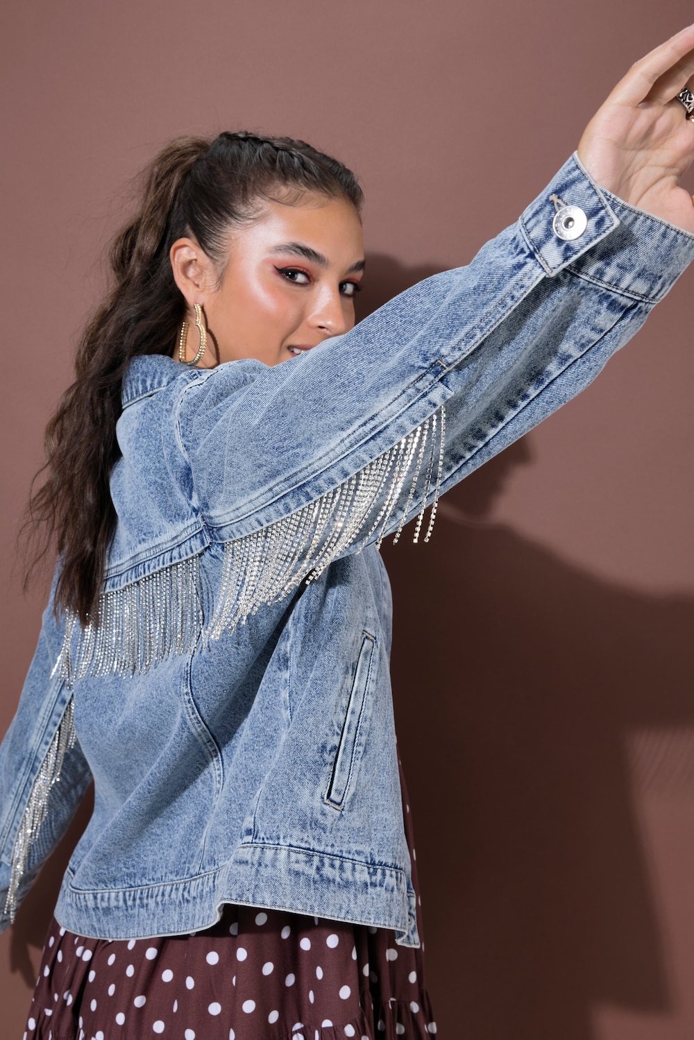 Jeansjacke, Boxy Shape, Ärmel mit Glitzerfransen