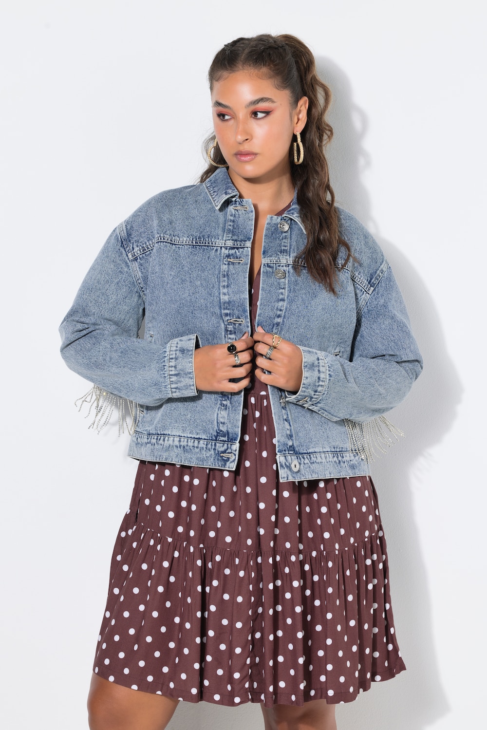 Jeansjacke, Boxy Shape, Ärmel mit Glitzerfransen