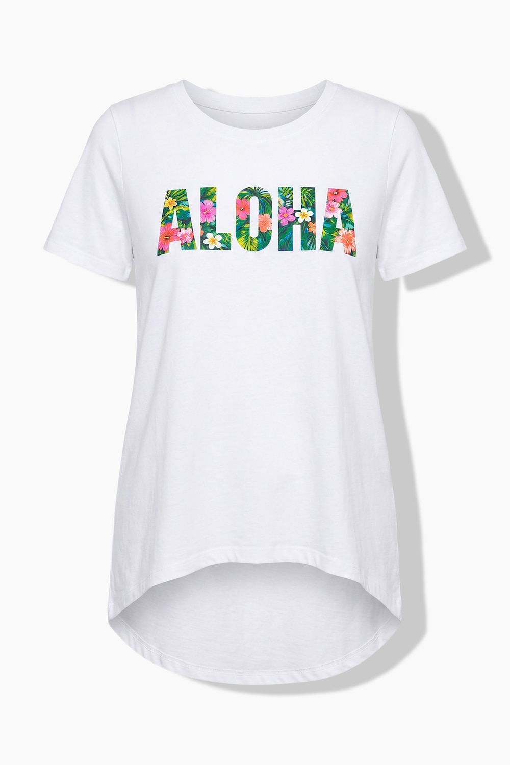 Stora storlekar T-shirt i A-linjemodell med aloha-text och kort ärm, Dam, vit, storlek: 42, Bomull, Angel of Style