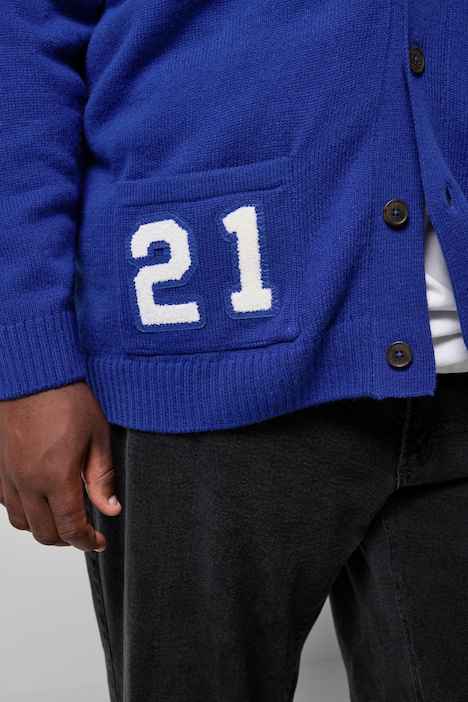 Strickjacke, Collegejacke, Wolloptik-Strick, Badges, bis 8 XL