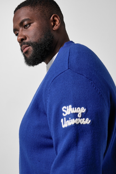 Strickjacke, Collegejacke, Wolloptik-Strick, Badges, bis 8 XL