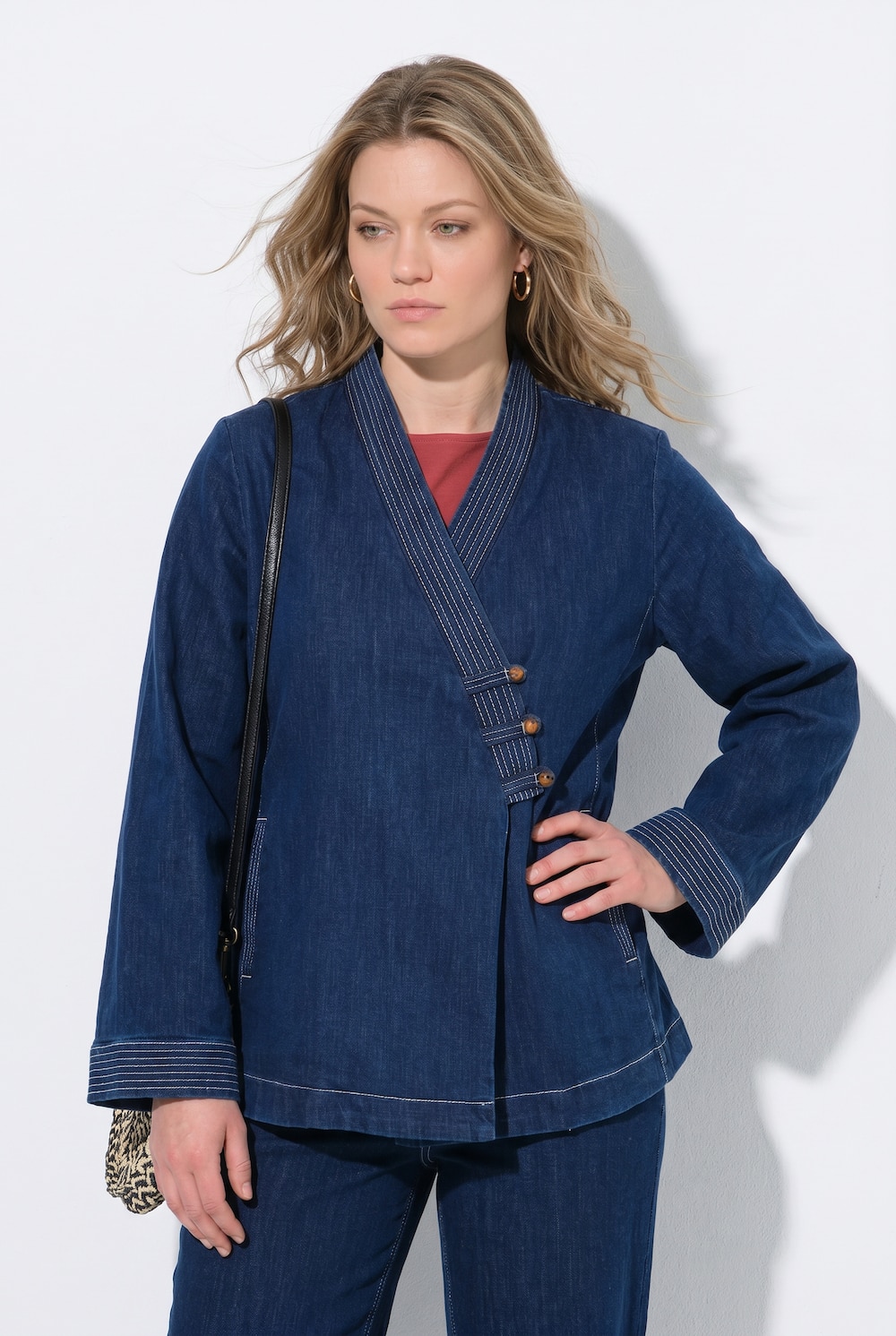 Denim jasje, A-lijn, sjaalkraag, kimono-stijl