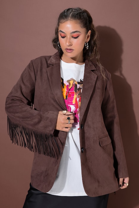Blazer, oversized, Velours, Fakeleder, Ärmelfransen