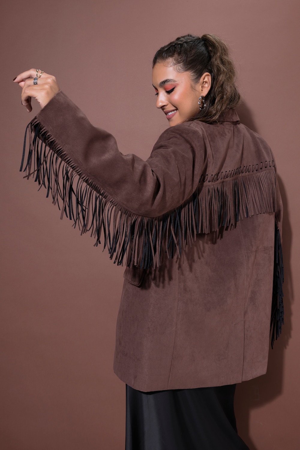 Blazer, oversized, suÃ¨de, imitatieleer, mouwen met franjes