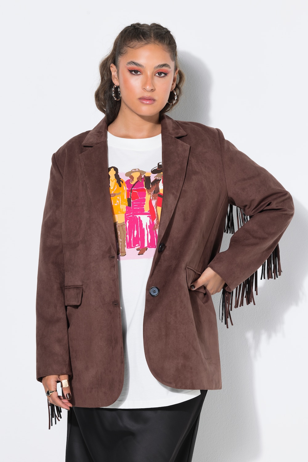 Blazer, oversized, Velours, Fakeleder, Ärmelfransen