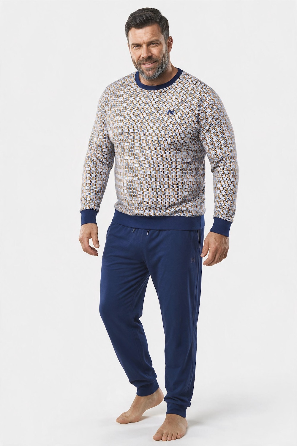 Schlafanzug, Zweiteiler, Bauchfit, Allover-Muster, Langarm, bis 8 XL