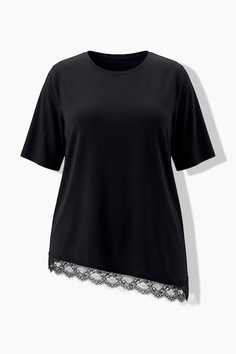 T-Shirt, asymetrischer Saum mit Spitze, Rundhals, Halbarm
