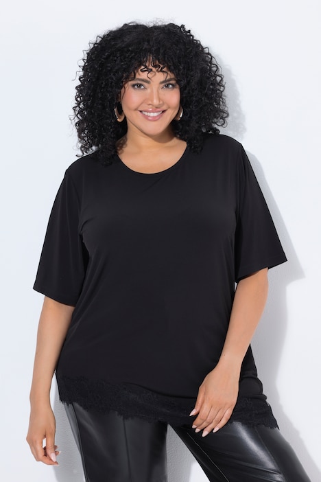 T-Shirt, asymetrischer Saum mit Spitze, Rundhals, Halbarm