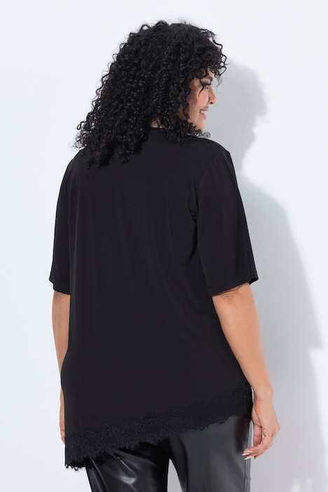 T-Shirt, asymetrischer Saum mit Spitze, Rundhals, Halbarm