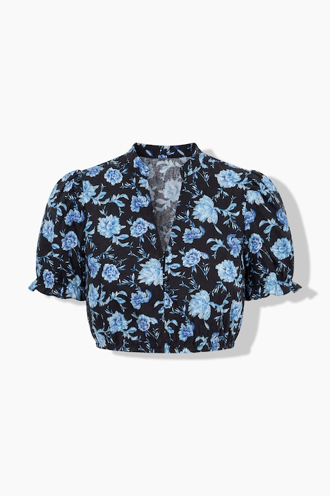 Dirndl blouse, bloemen, opstaande kraag, V-hals, korte mouwen