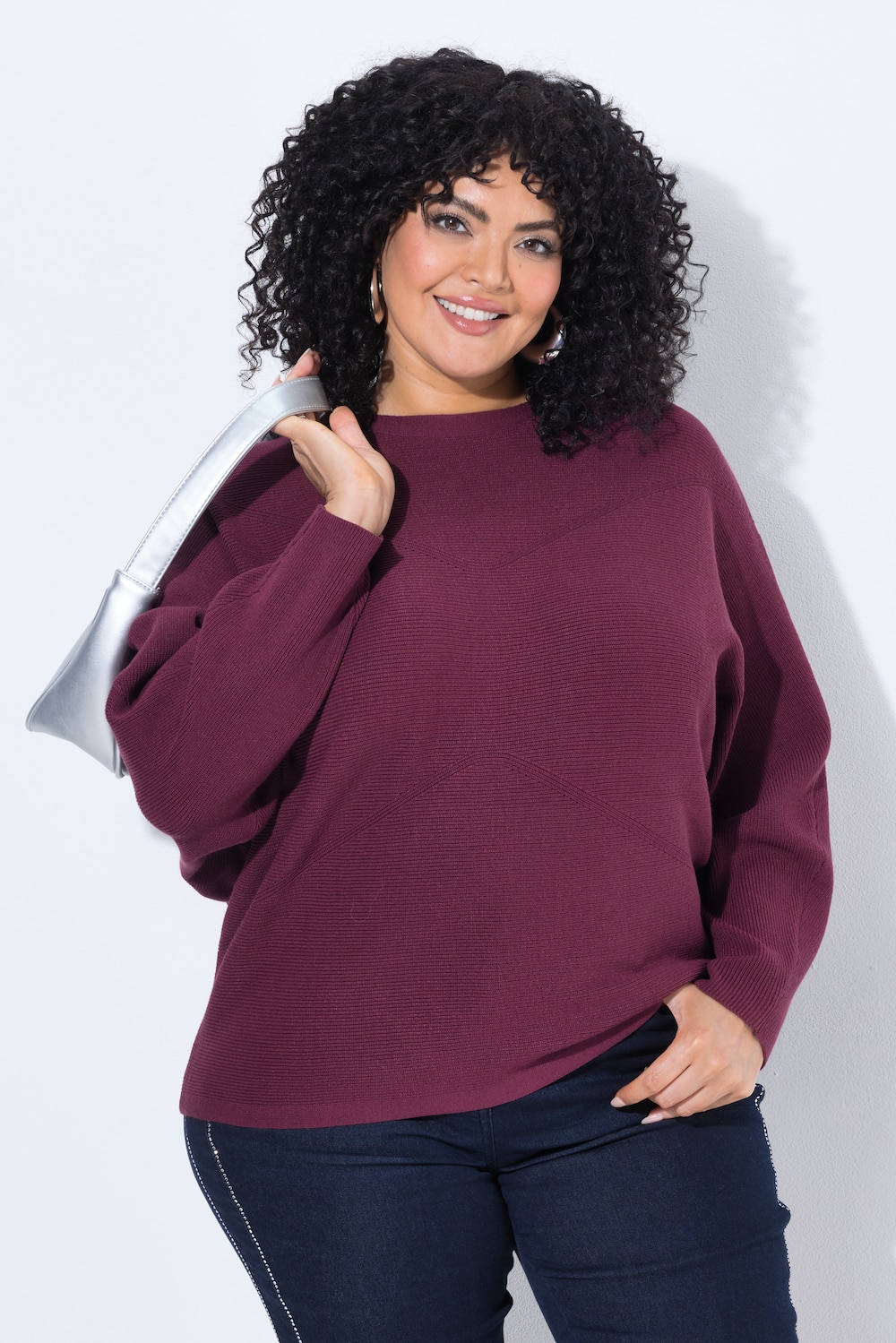 Pullover, Querripp, Rundhals, Fledermaus-Langarm
