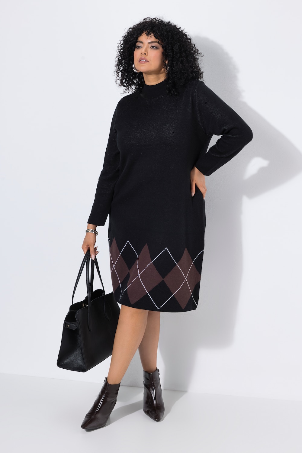 Strickkleid, Jacquard-Rauten, Stehkragen, Langarm