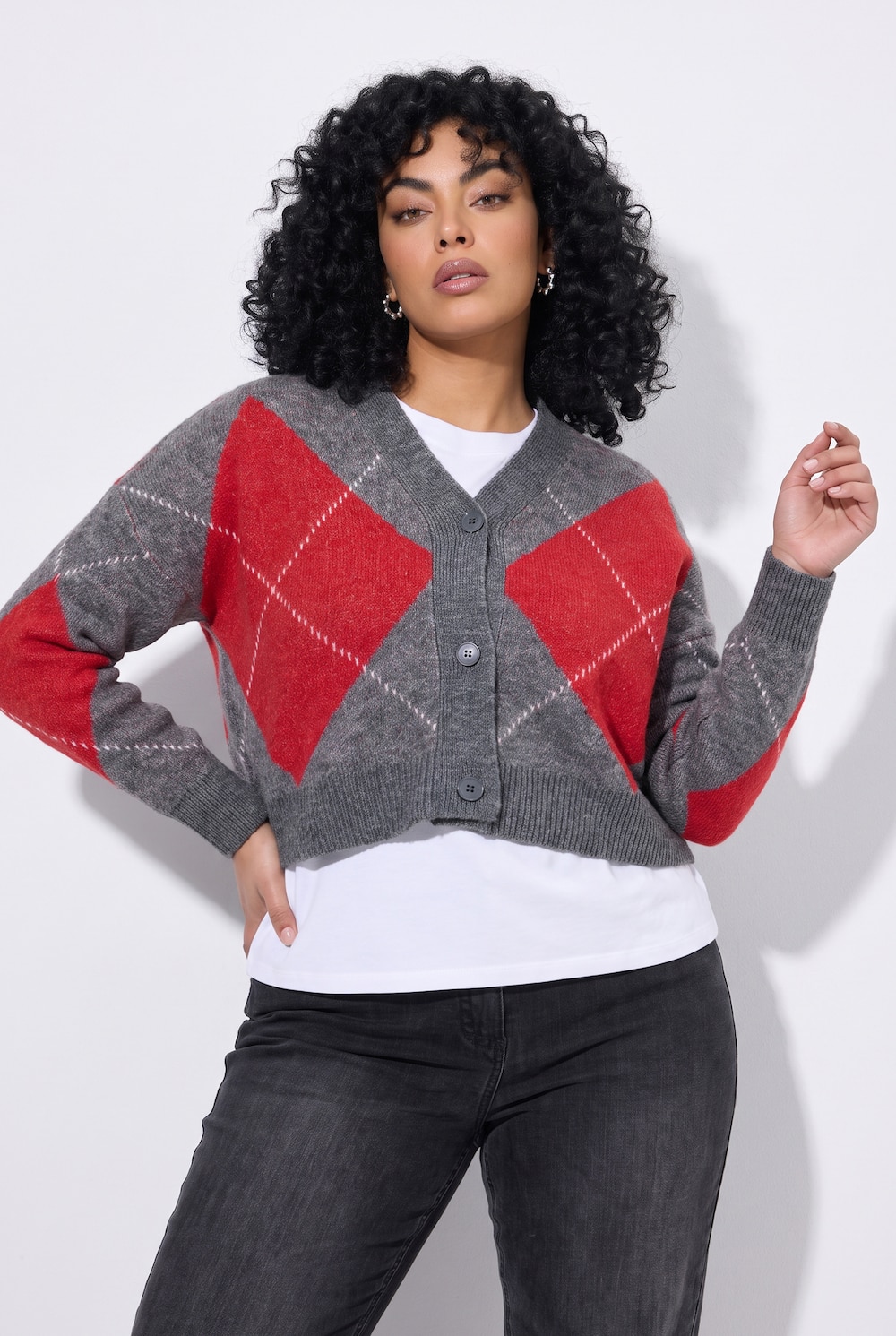 Strickjacke, Argyle-Muster, V-Ausschnitt, Langarm