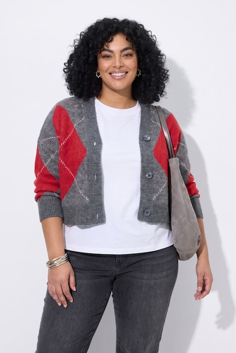 Strickjacke, Argyle-Muster, V-Ausschnitt, Langarm
