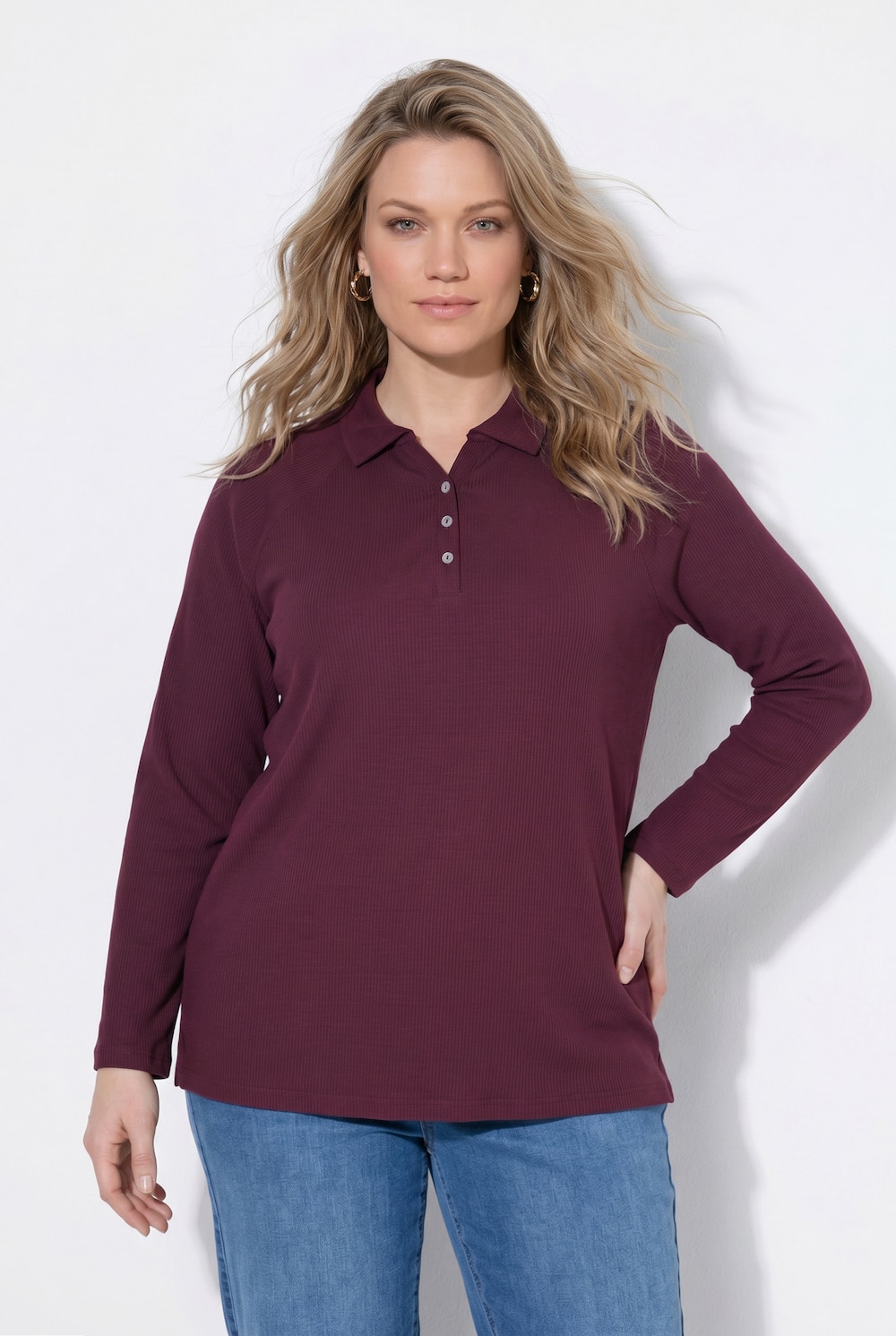 Poloshirt, Rippjersey, Polokragen, Langarm, Biobaumwolle