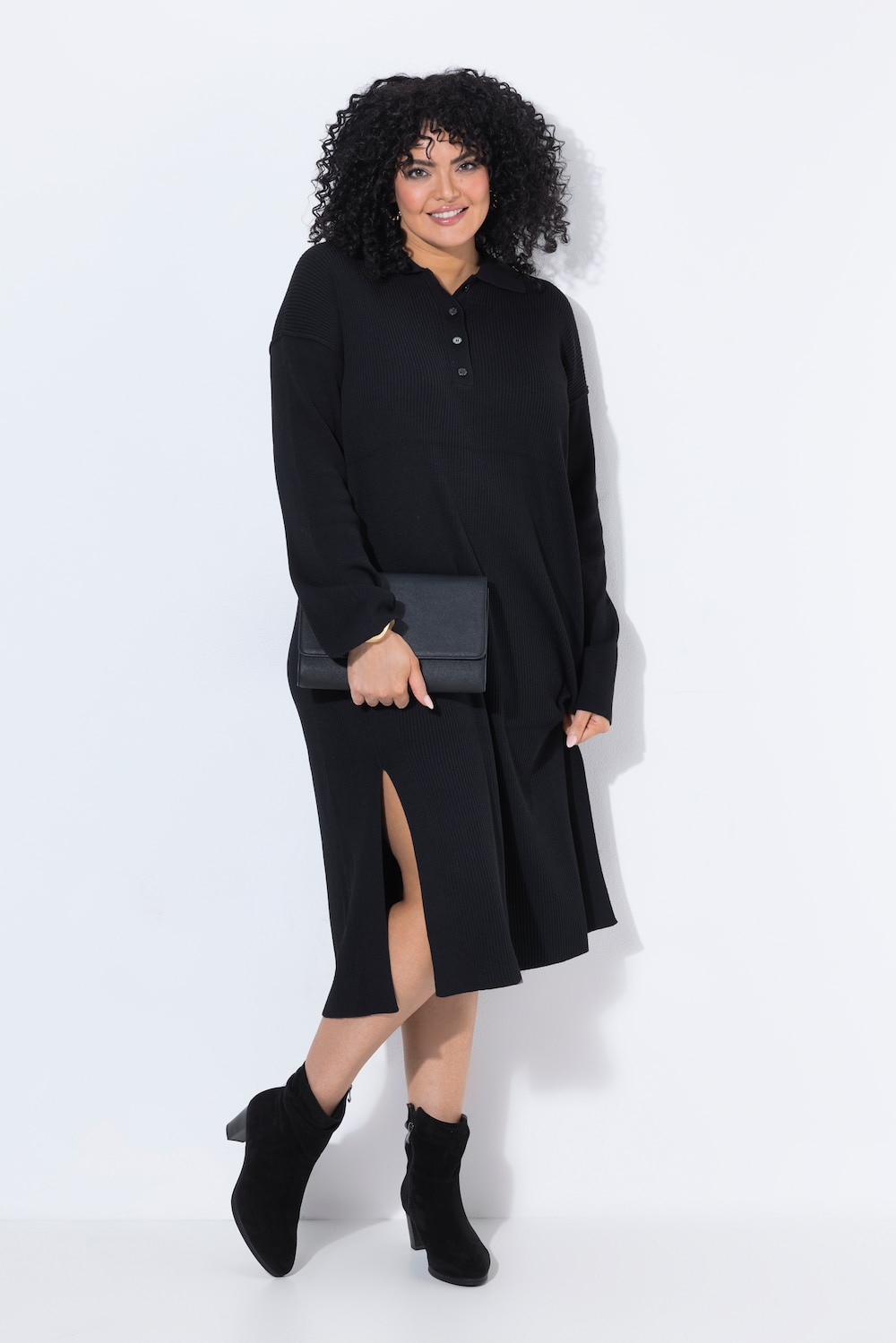 Kleid, Rippstrick, Oversized, Polokragen, Langarm