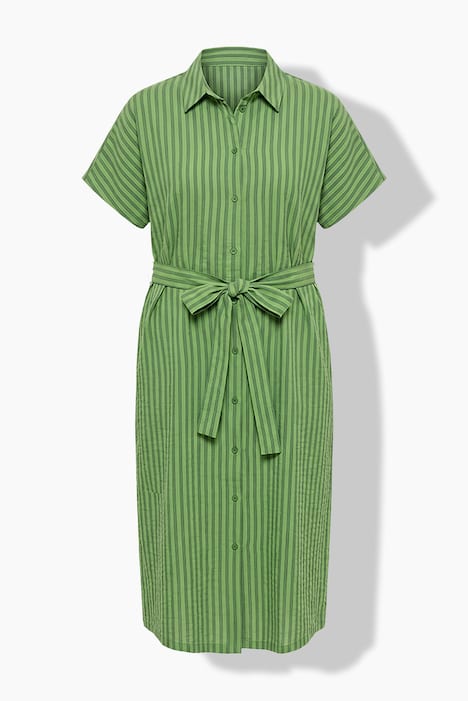 Midi-Hemdblusenkleid, Seersucker, Streifen, Bindegürtel