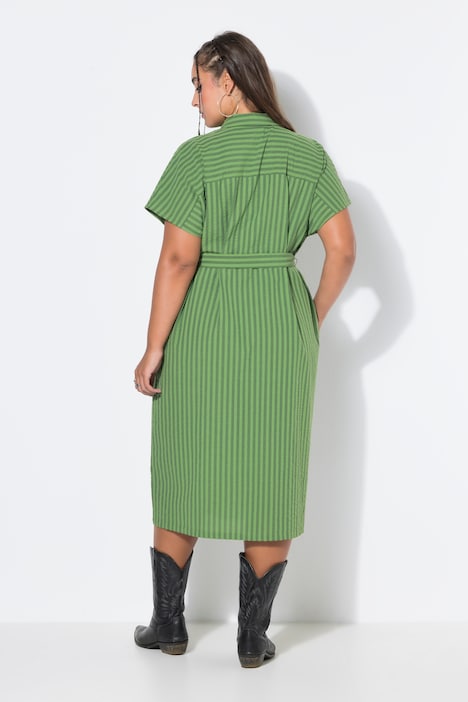 Midi-Hemdblusenkleid, Seersucker, Streifen, Bindegürtel