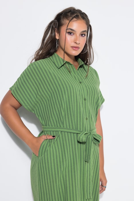 Midi-Hemdblusenkleid, Seersucker, Streifen, Bindegürtel