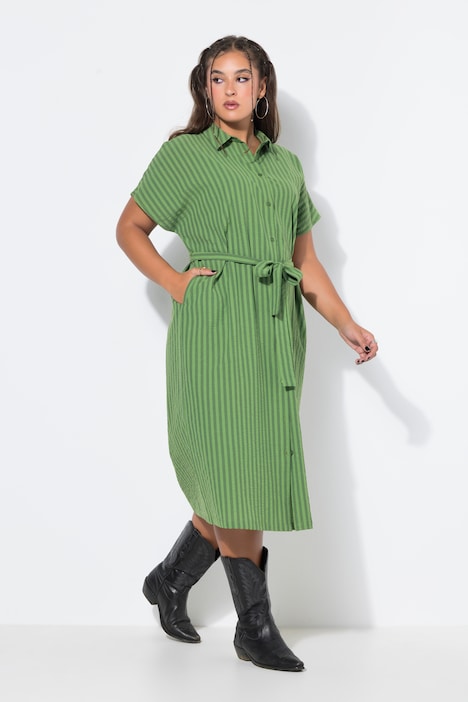 Midi-Hemdblusenkleid, Seersucker, Streifen, Bindegürtel