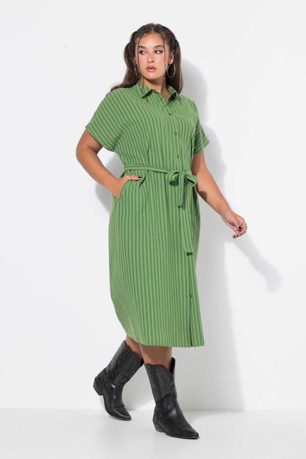Midi-Hemdblusenkleid, Seersucker, Streifen, Bindegürtel