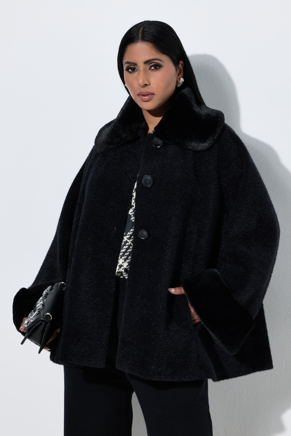 Cape-Jacke, A-Linie, Webpelz-Kragen, Raglan-Langarm