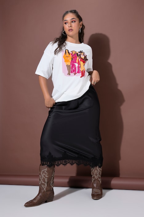 Maxirock, A-Line, Satin, Spitzensaum