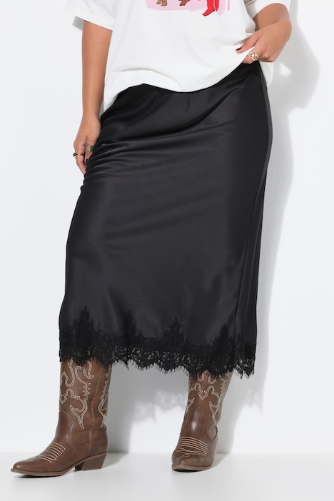 Maxirock, A-Line, Satin, Spitzensaum
