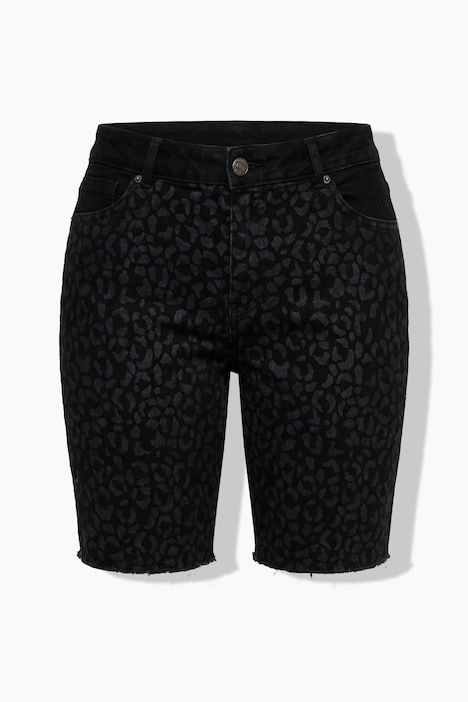 Short en jean, motif léopard, 5 poches, ourlet frangé