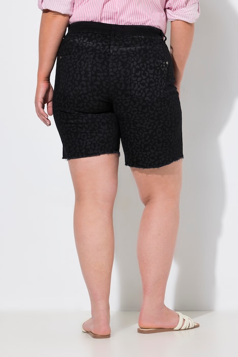 Short en jean, motif léopard, 5 poches, ourlet frangé
