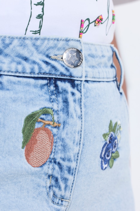 Fruit Embroidered Stretch Fit Denim Shorts