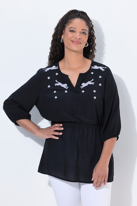 Bluse, A-Linie, Leoparden-Stickerei, 3/4-Ärmel
