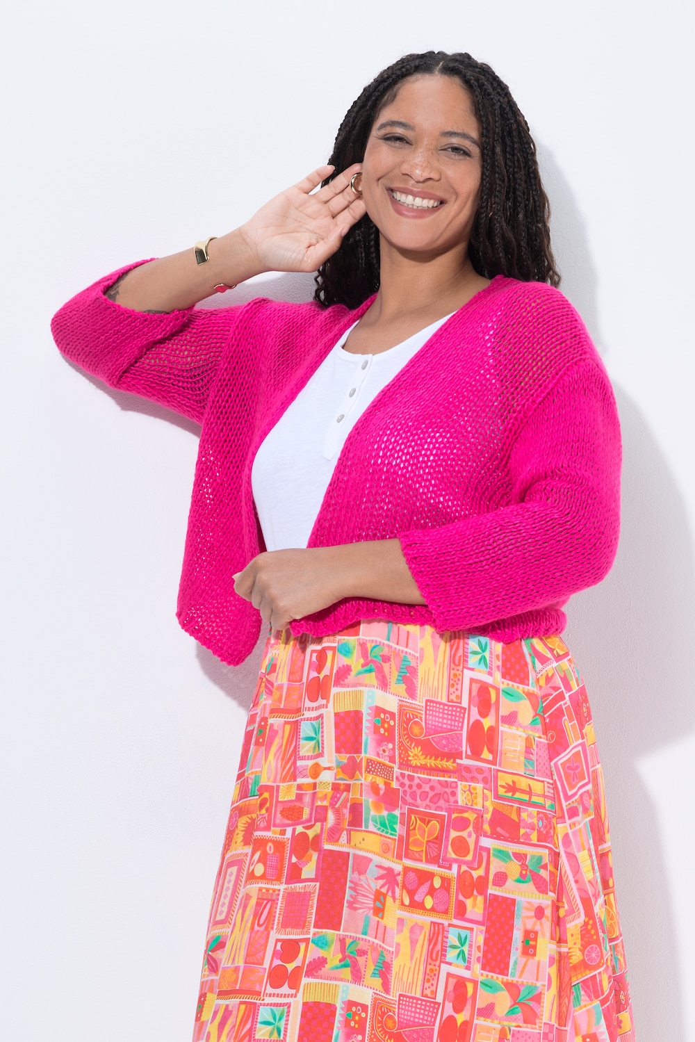 Lochstrick-Jacke, oversized, offene Form, 3/4-Ärmel