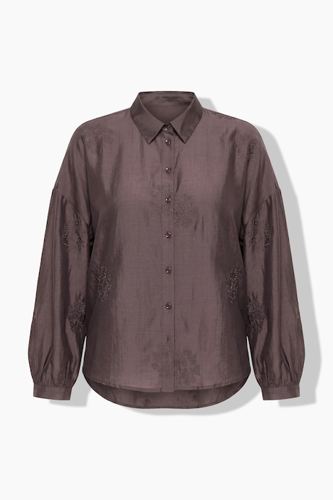 Bluse, Stickerei, Oversized, Hemdkragen, Langarm