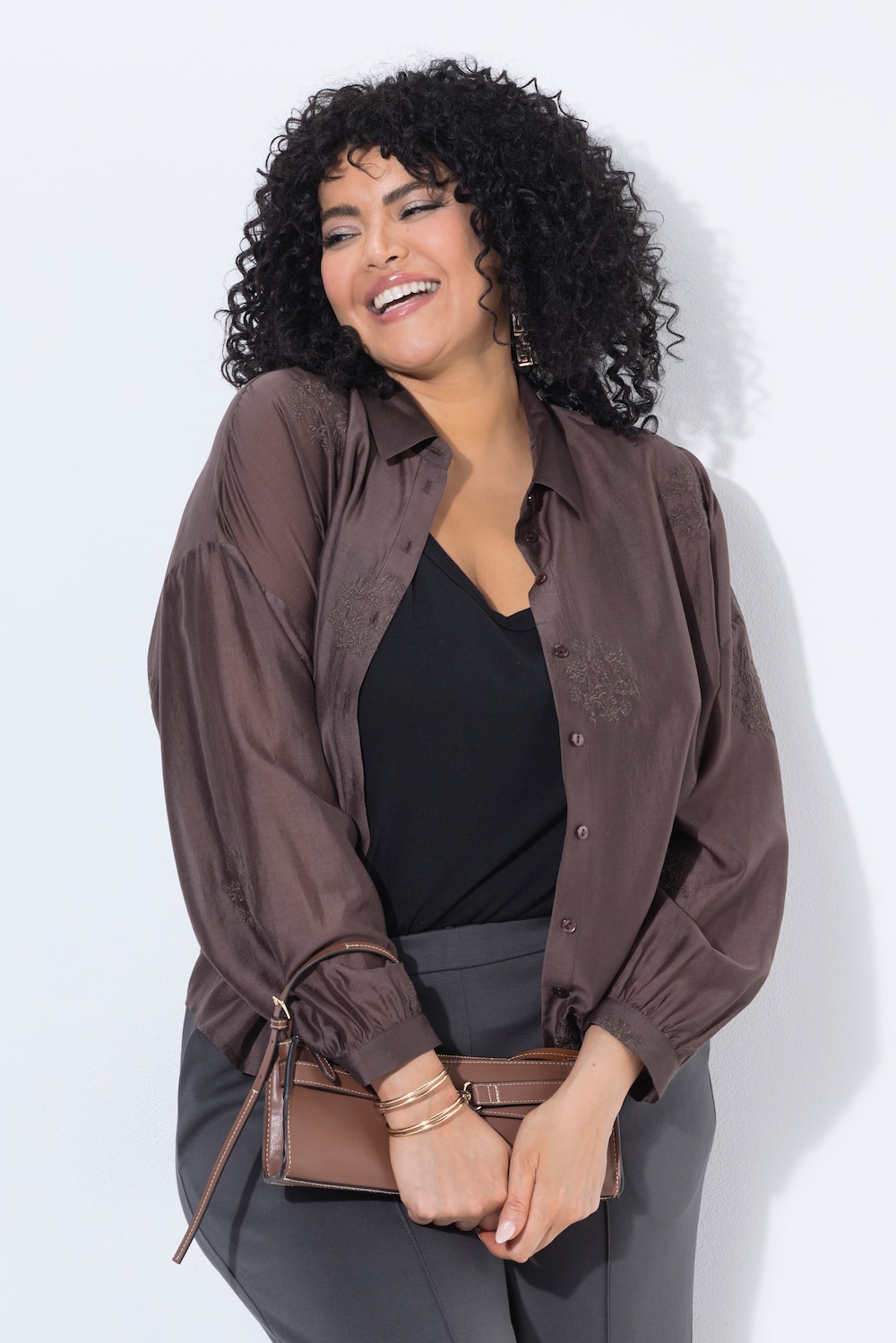 Bluse, Stickerei, Oversized, Hemdkragen, Langarm