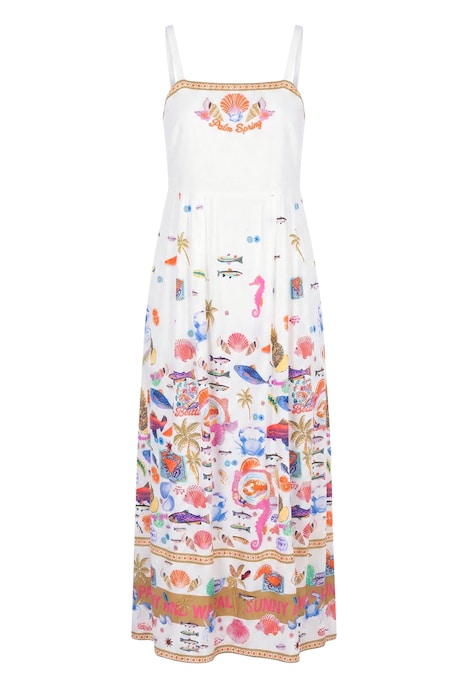 Midi šaty, áčkový střih, pestrobarevný vzor, špagetová ramínka