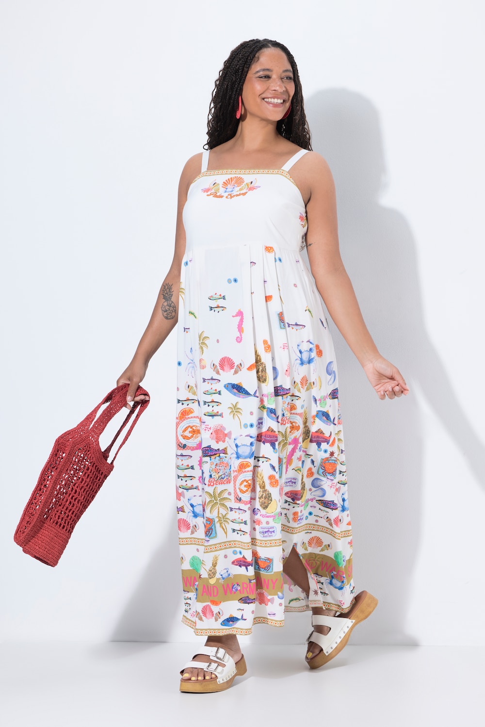 Midikleid, A-Linie, bunt gemustert, Spaghettiträger