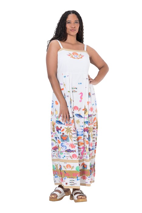 Midi šaty, áčkový střih, pestrobarevný vzor, špagetová ramínka