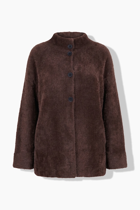 Flausch-Strickjacke, A-Linie, Stehkragen, Langarm