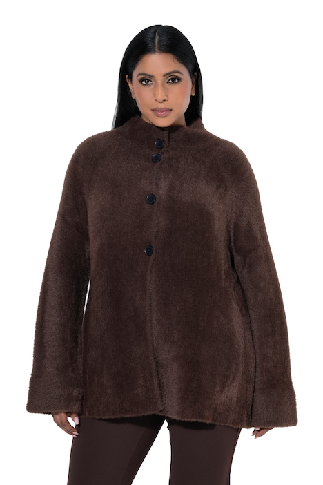 Flausch-Strickjacke, A-Linie, Stehkragen, Langarm