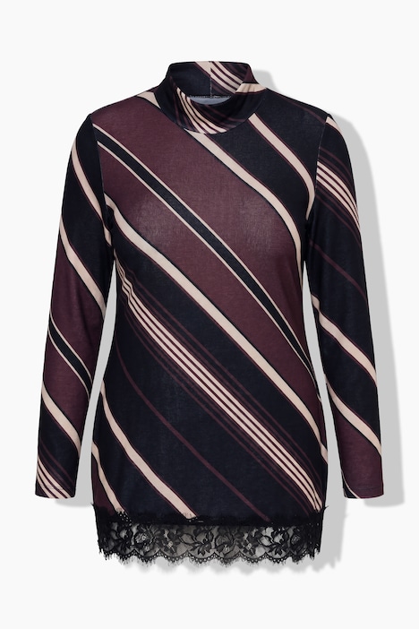 Shirt, Streifen, A-Linie, Spitze, Stehkragen, Langarm