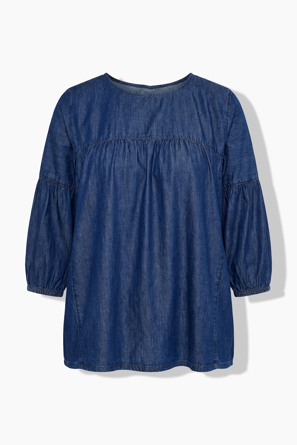 Stora storlekar Denimblus med rund halsringning och trekvartslång ballongärm, Dam, blå, storlek: 46/48, Bomull, Ulla Popken