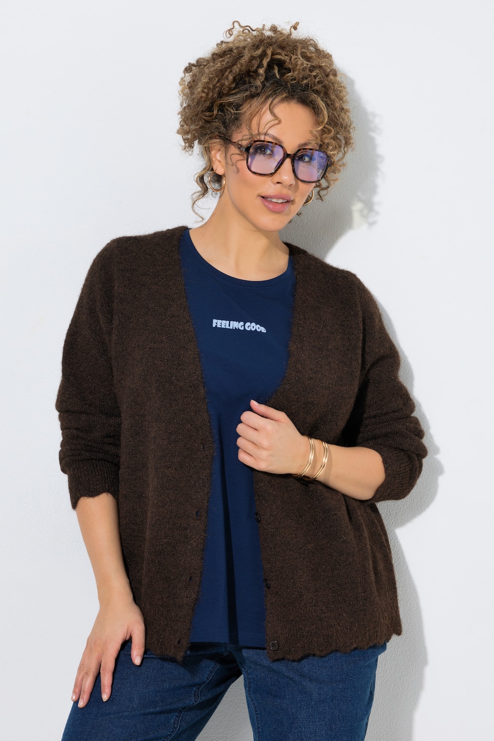 Strickjacke, Ajour-Bündchen, V-Ausschnitt, Langarm