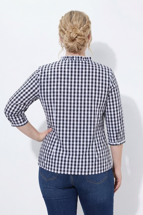 Bluse, Karomuster, Rüschen, Stehkragen, 3/4-Arm