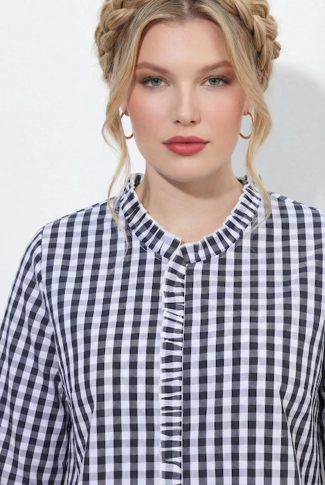 Bluse, Karomuster, Rüschen, Stehkragen, 3/4-Arm