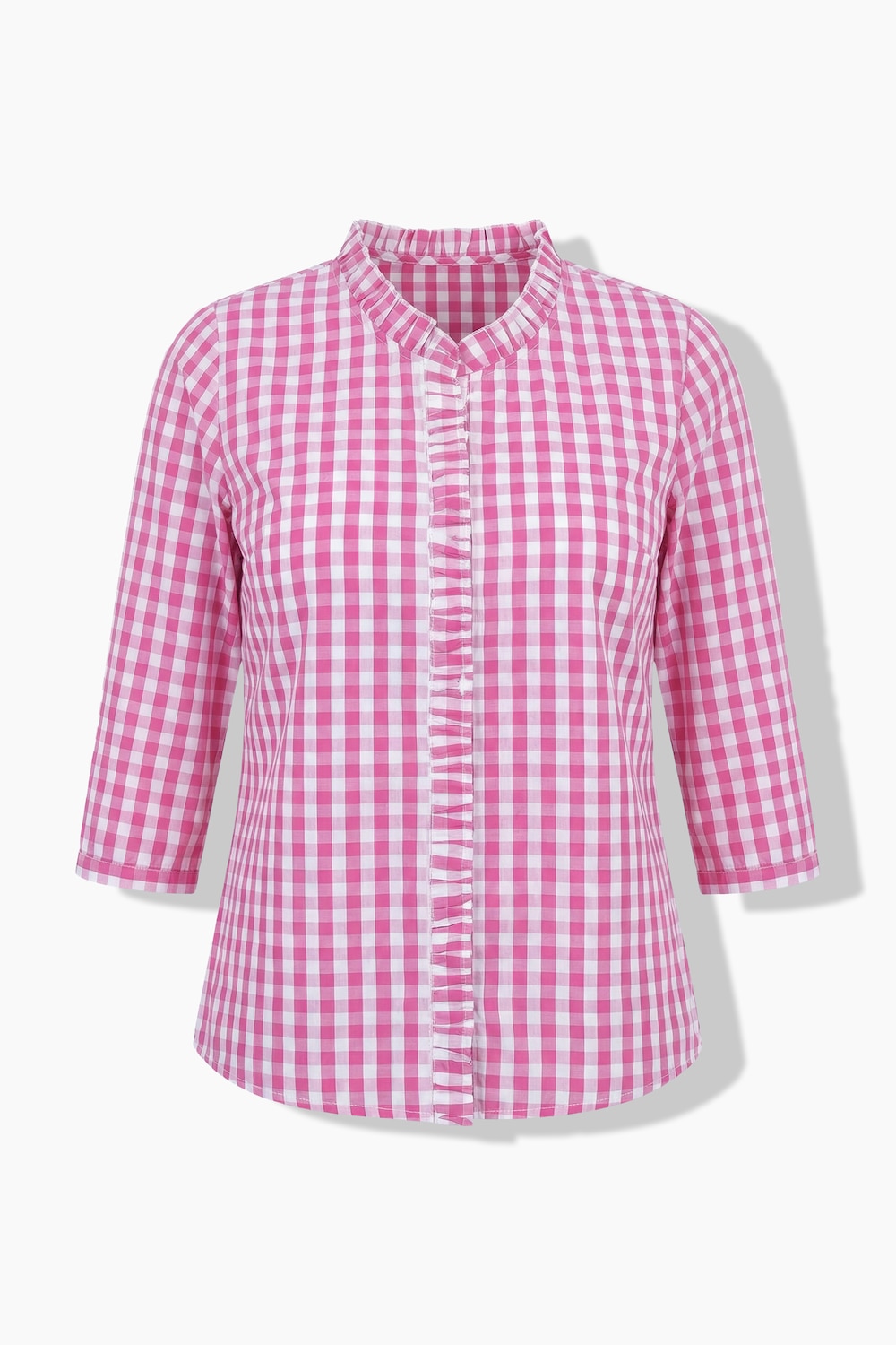 Blouse, ruitmotief, ruches, opstaande kraag, 3/4-mouwen