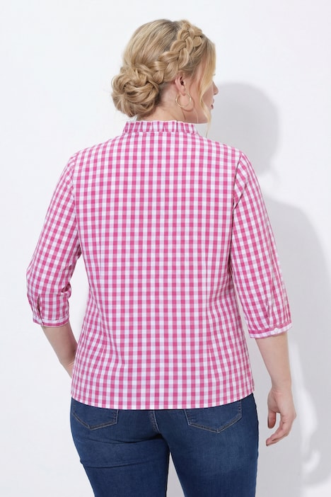 Bluse, Karomuster, Rüschen, Stehkragen, 3/4-Arm