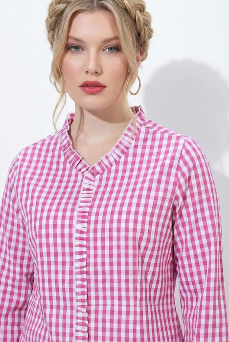 Bluse, Karomuster, Rüschen, Stehkragen, 3/4-Arm