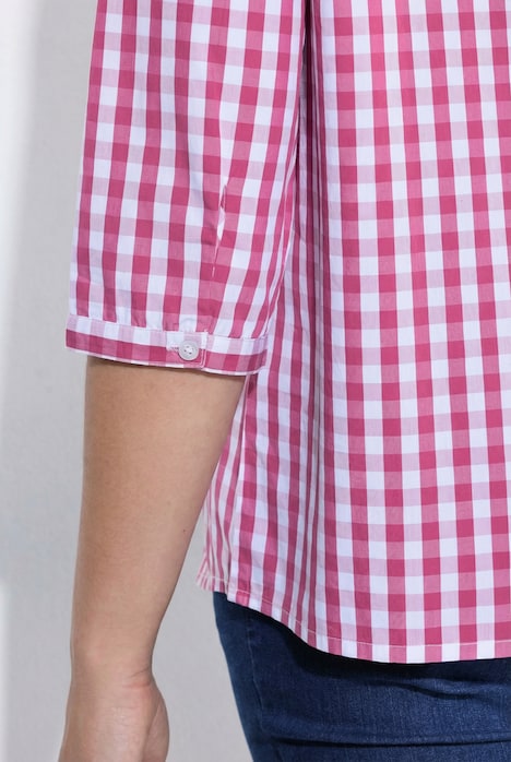 Bluse, Karomuster, Rüschen, Stehkragen, 3/4-Arm