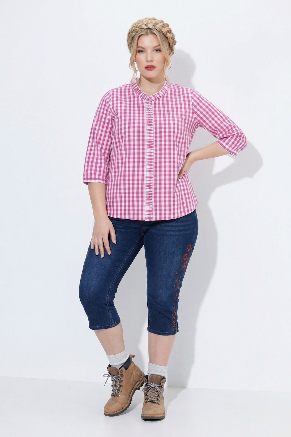 Blouse, ruitmotief, ruches, opstaande kraag, 3/4-mouwen